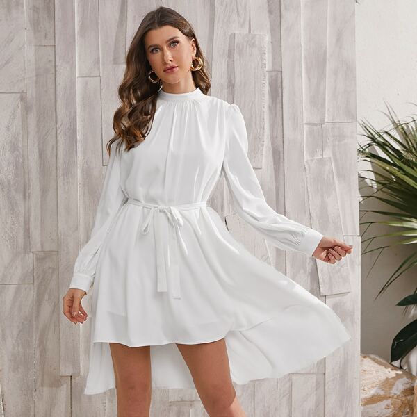 

Mock-neck High Low Hem Belted Dress, White