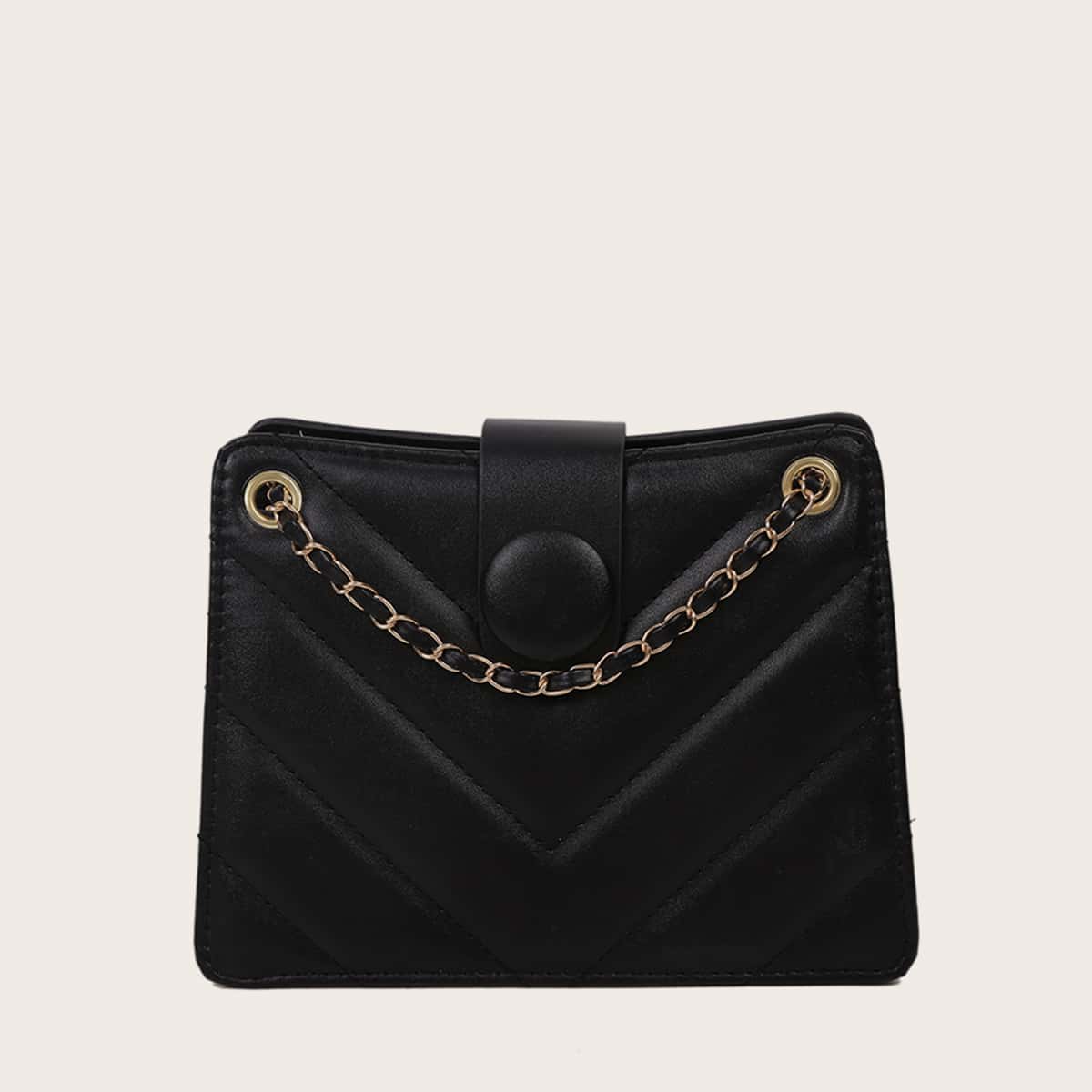 

Solid Chevron Chain Shoulder Bag, Black