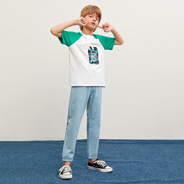 

Boys Colorblock Raglan Sleeve Graphic Print Top & Pants Set, Multicolor