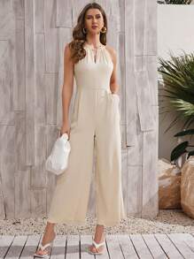 SHEIN Unity 褶邊傾斜口袋連身長褲 - 米色 - 查看 1