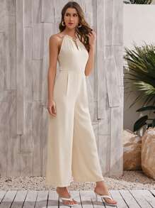 SHEIN Unity 褶邊傾斜口袋連身長褲 - 米色 - 查看 3