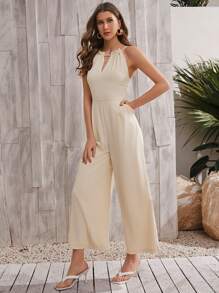 SHEIN Unity 褶邊傾斜口袋連身長褲 - 米色 - 查看 4