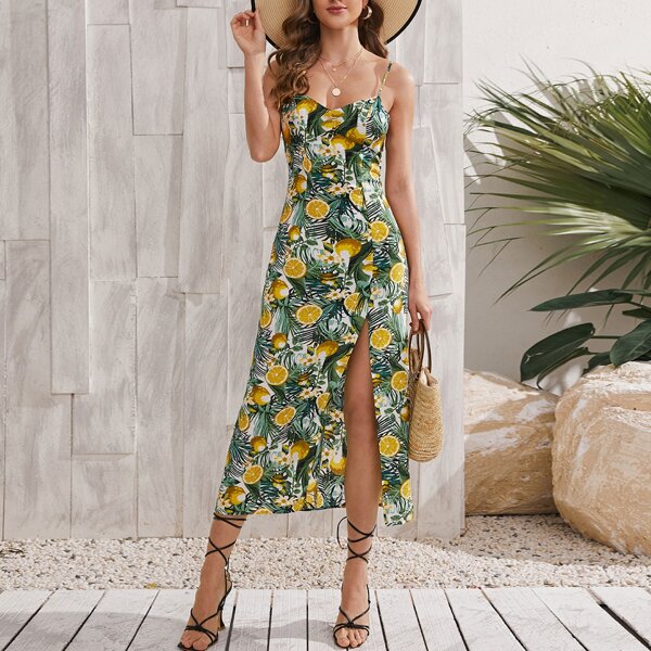 

Split Thigh Orange & Tropical Print Dress, Multicolor