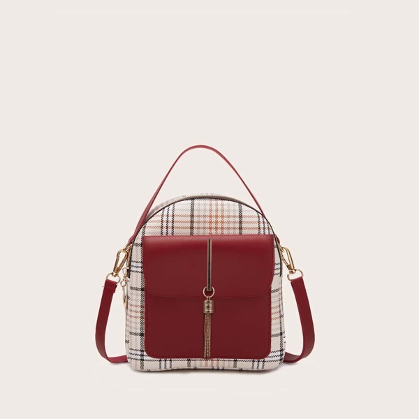 

Metal Tassel Charm Plaid Backpack, Red
