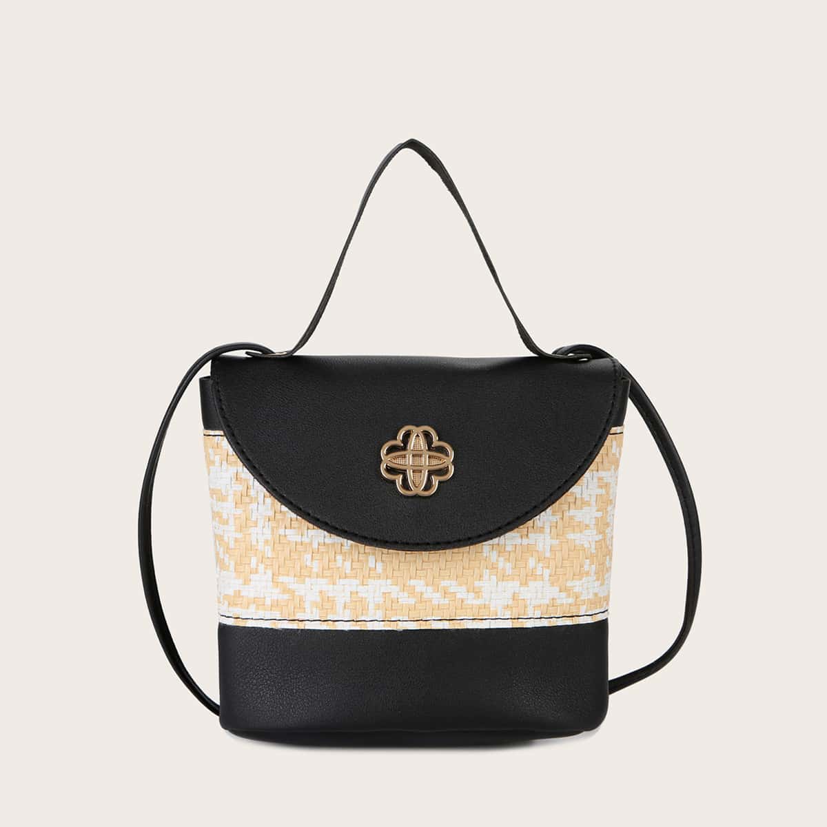 Metal Decor Flap Satchel Bag, Black