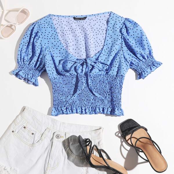 

Ruffle Trim Shirred Polka-dot Print Top, Blue