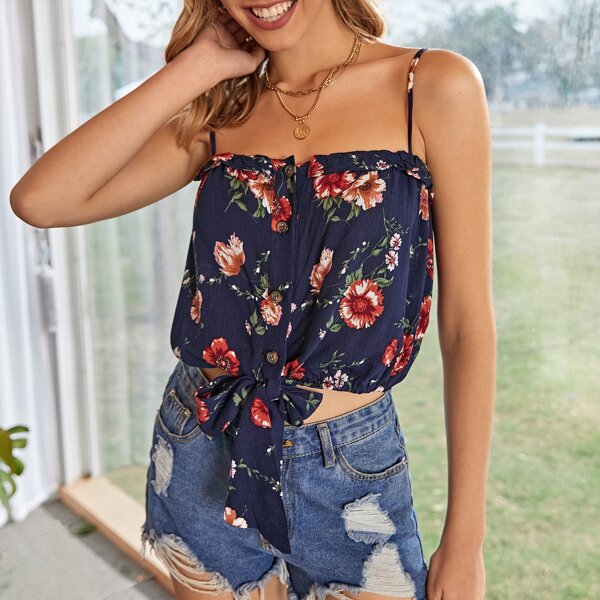 

Floral Print Tie Hem Cami Top, Multicolor