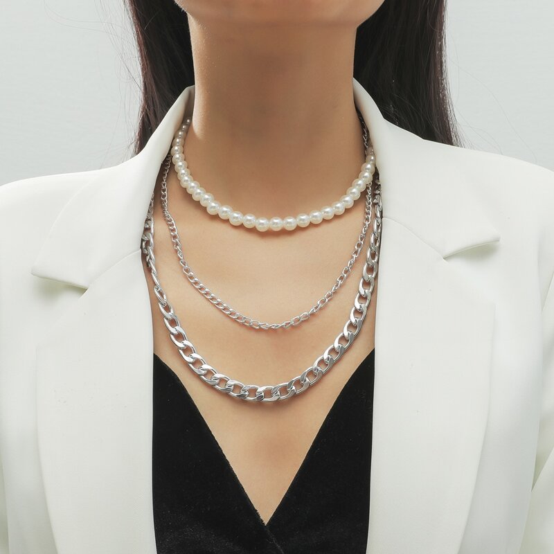 

Faux Pearl Layered Necklace, Silver