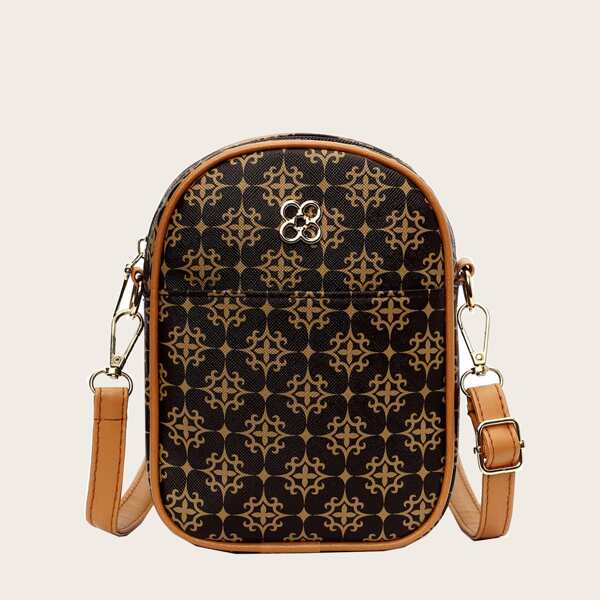 

Metal Decor Geometric Graphic Crossbody Bag, Brown