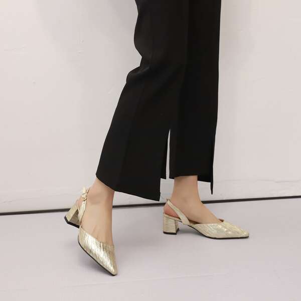 

Metallic Chunky Heeled Slingback Pumps, Gold