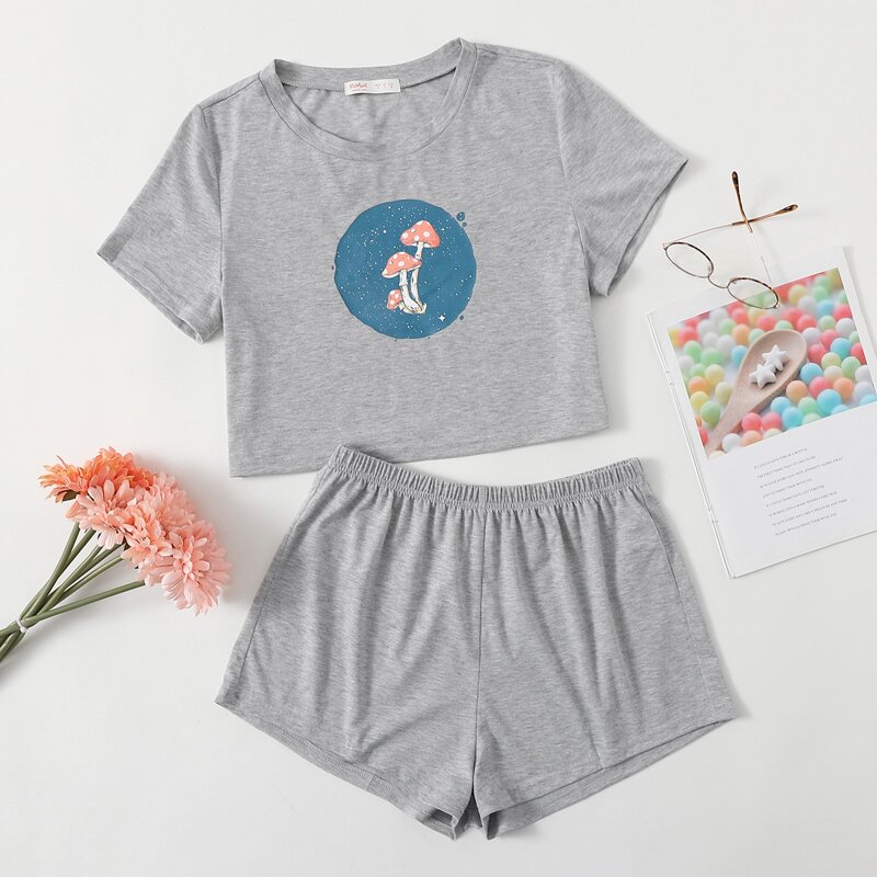 

Mushroom Pattern Tee PJ Set, Grey