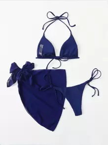 SHEIN Swim Summer Beach Solid Bikini Set Triangle Bra & Thong Bottom & Beach Skirt 3 Piece Bathing Suit - Blue - View 2