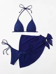 SHEIN Swim Summer Beach Solid Bikini Set Triangle Bra & Thong Bottom & Beach Skirt 3 Piece Bathing Suit - Blue - View 3