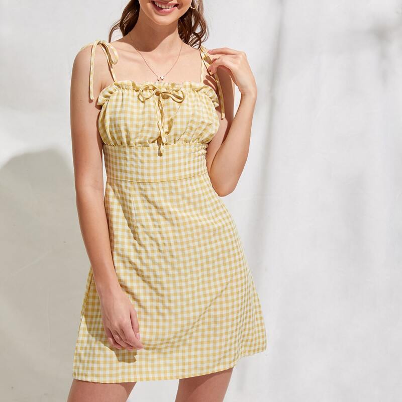 

Ruched Bust Plaid Cami Dress, Yellow