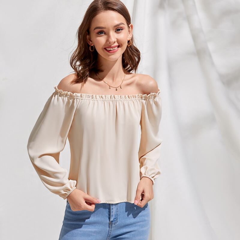 

Off Shoulder Frill Trim Top, Beige