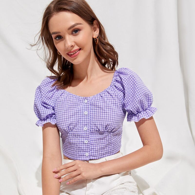 

Button Front Crop Plaid Blouse, Lilac purple