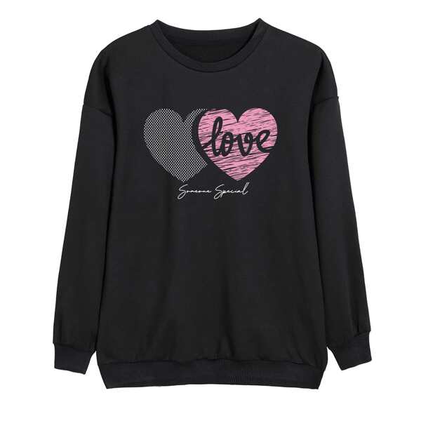 

Letter And Heart Print Sweatshirt, Black