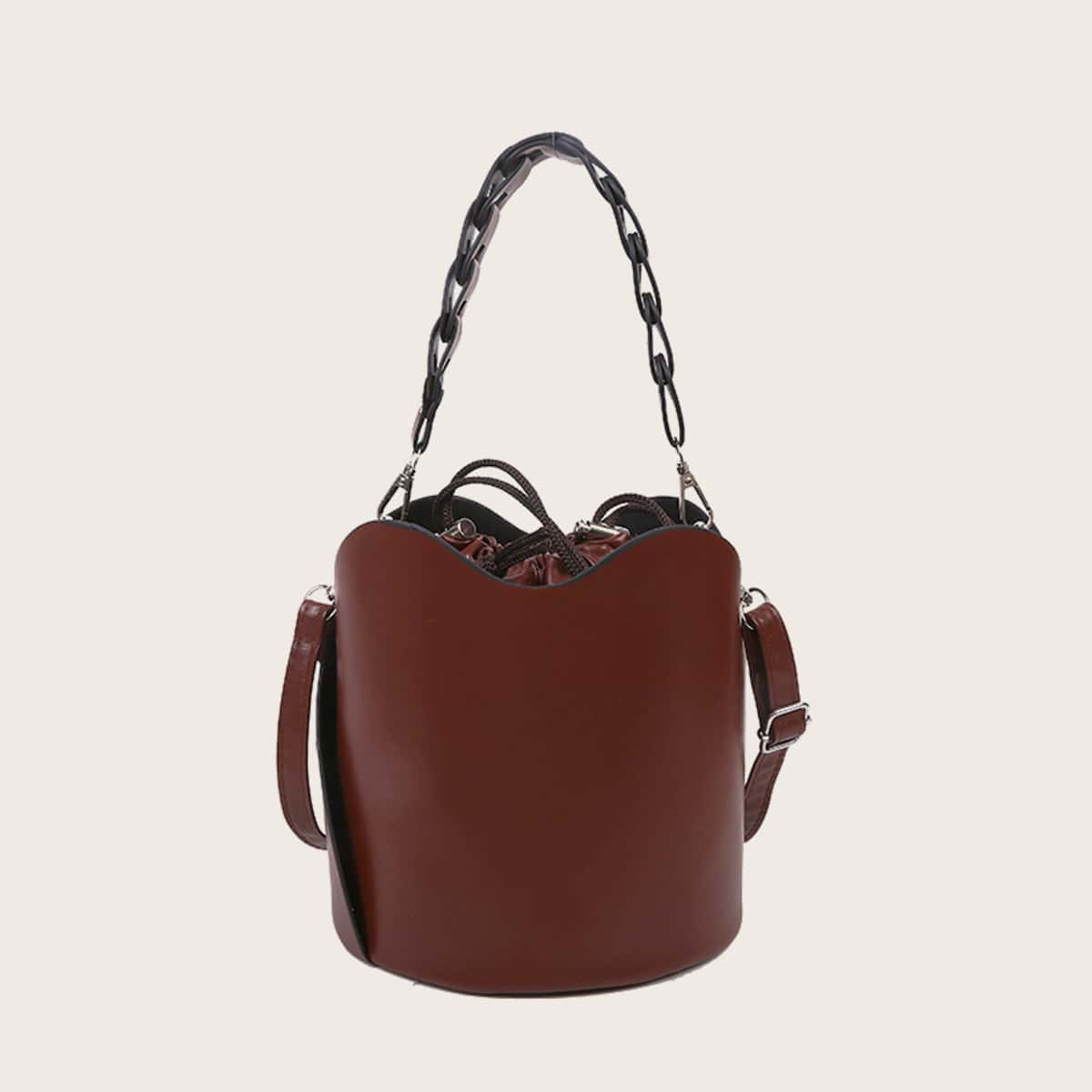

Scallop Trim Drawstring Bucket Bag, Coffee brown