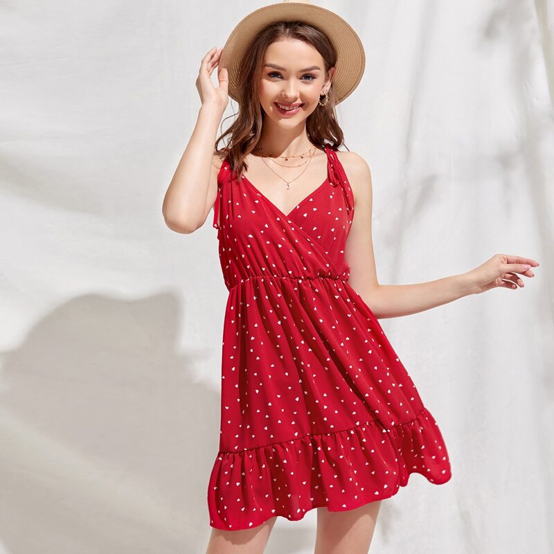 

Heart Print Flounce Cami Dress, Red