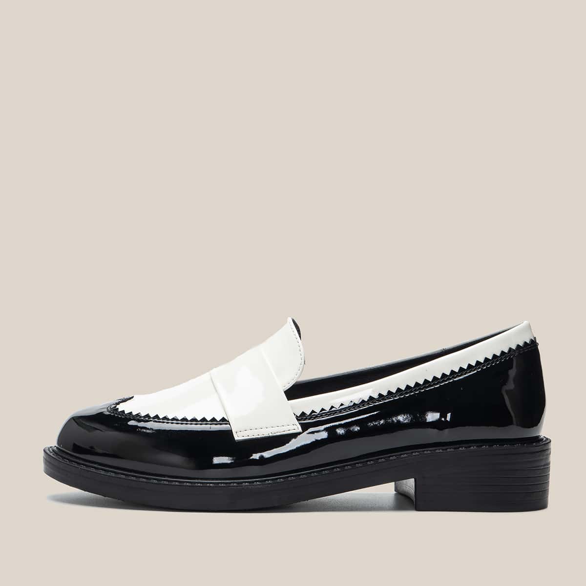 

Color Block Patent Flat Loafers, Black and white
