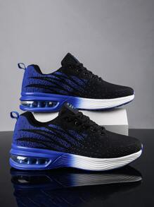 Black Road Running Shoes, Male Color Block Design Lace-Up Front Knitted Sneakers School Shoes - Black - View 1