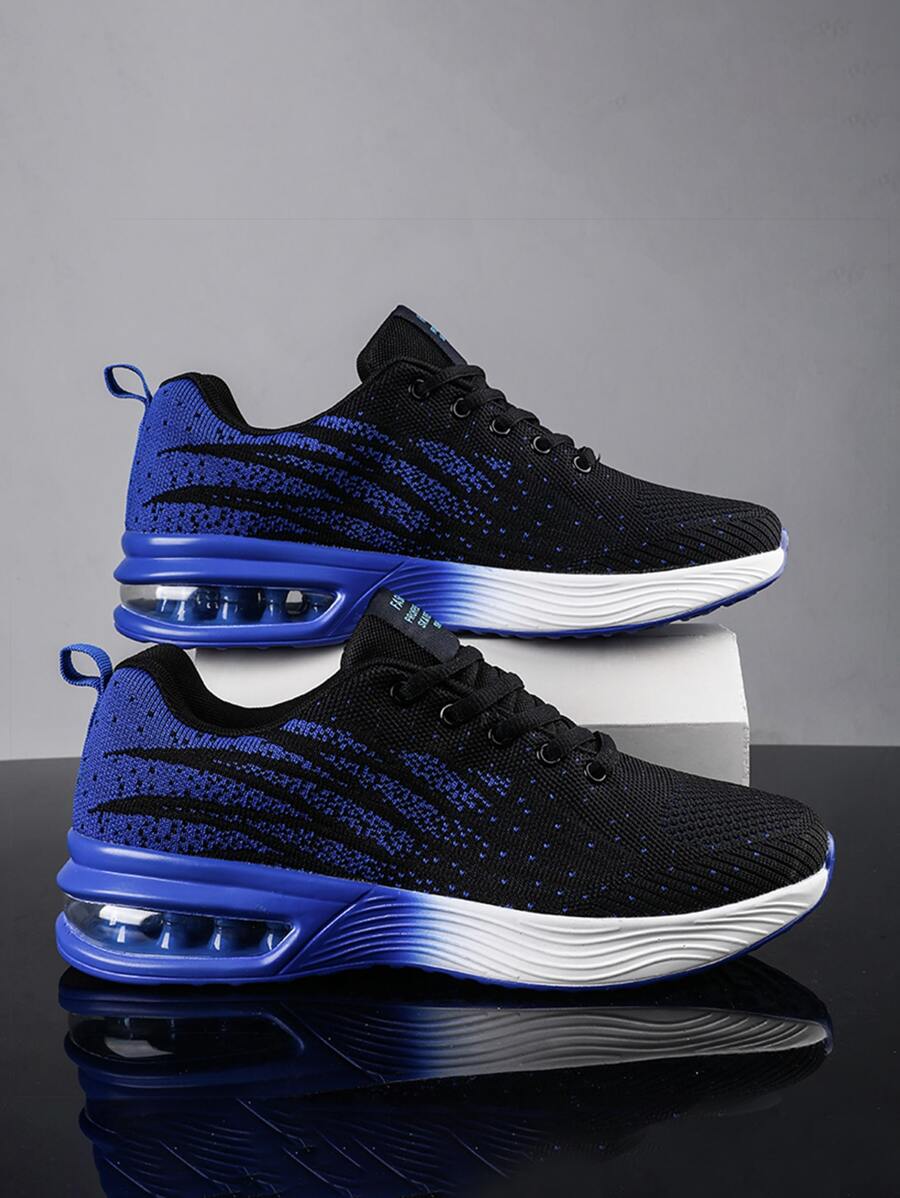 Black Road Running Shoes, Male Color Block Design Lace-Up Front Knitted Sneakers School Shoes - Black - View 1