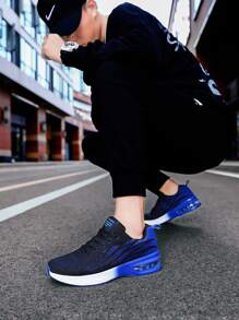 Black Road Running Shoes, Male Color Block Design Lace-Up Front Knitted Sneakers School Shoes - Black - View 2