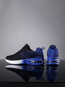 Black Road Running Shoes, Male Color Block Design Lace-Up Front Knitted Sneakers School Shoes - Black - View 3
