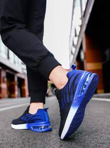 Black Road Running Shoes, Male Color Block Design Lace-Up Front Knitted Sneakers School Shoes - Black - View 5