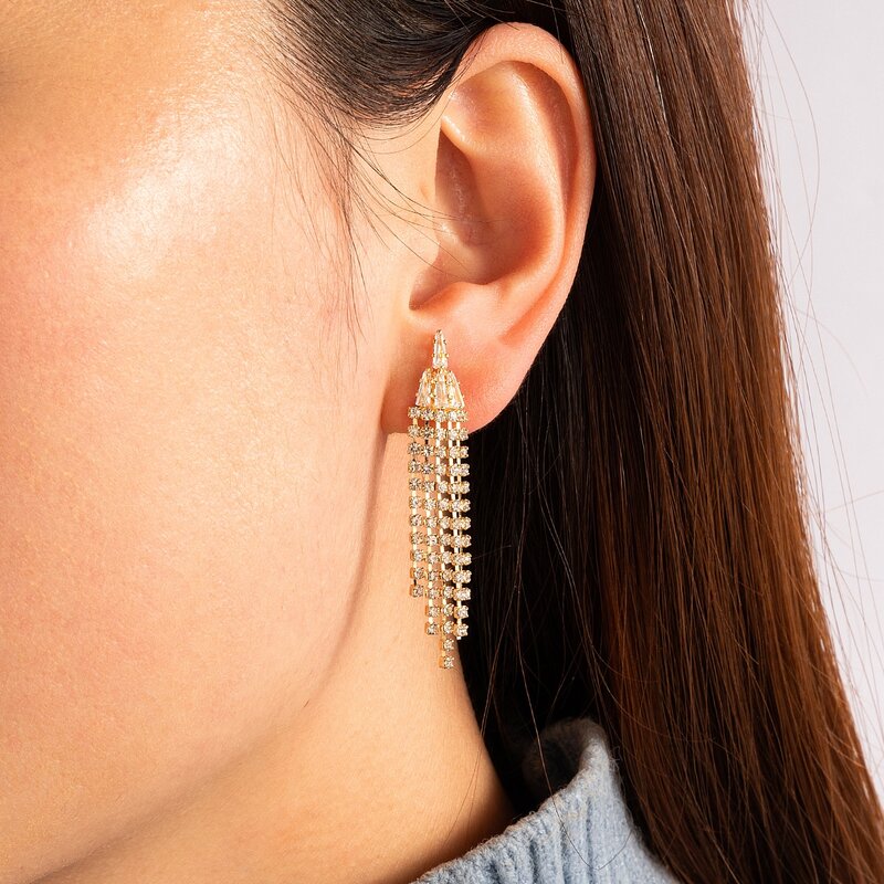 

Rhinestone Tassel Design Earrings, Gold