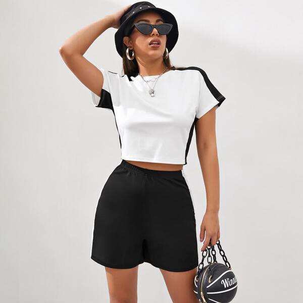 

Contrast Panel Tee & Side Stripe Track Shorts, Black and white