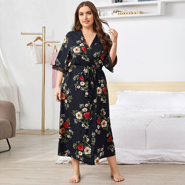 

Plus Lace Trim Self Belted Floral Robe, Navy blue
