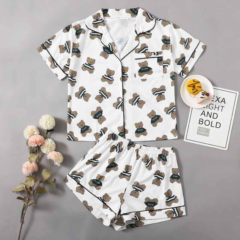 

Cartoon Bear Piping Trim PJ Set, Multicolor