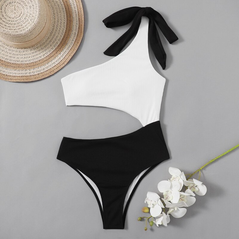 

Colorblock Knot Decor One Piece Swimsuit, Black and white