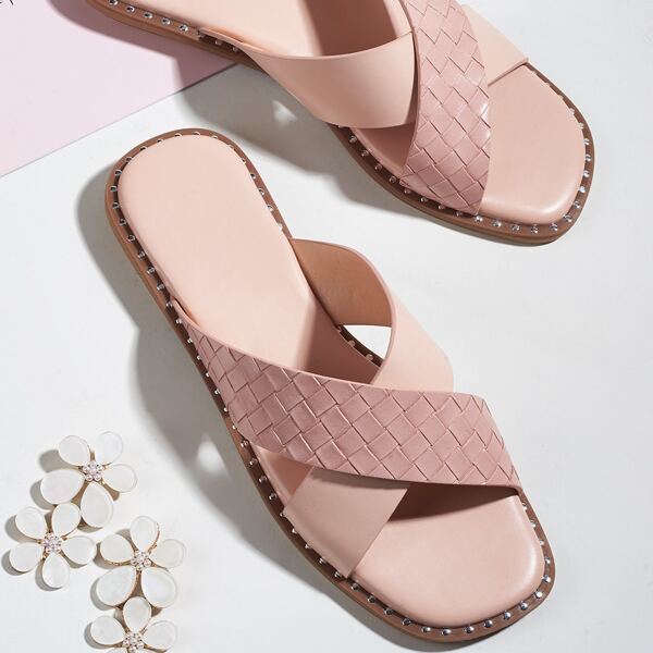 

Braided Embossed Cross Strap Slide Sandals, Pink