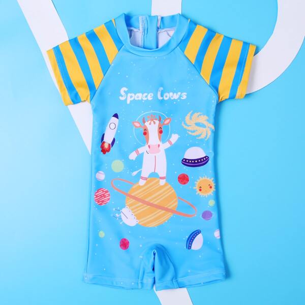 

Baby Boy Space Cow Print One Piece Swimsuit, Multicolor