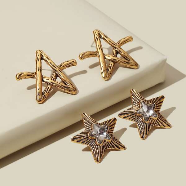 

2pairs Star Design Stud Earrings, Gold