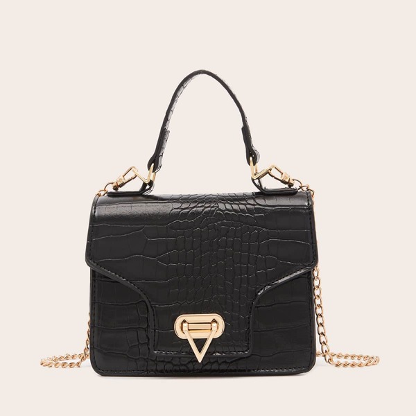 

Croc Embossed Satchel Bag, Black