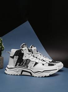 Men Number Graphic Lace-up Front High Top Sneakers - Black and White - View 1