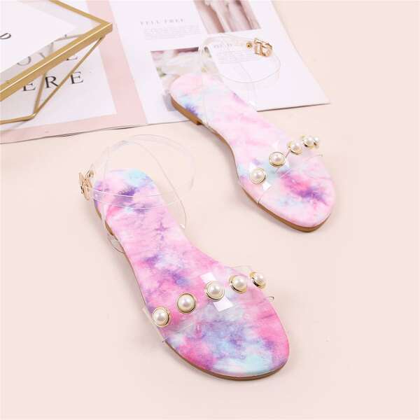 

Clear Faux Pearl Decor Tie Dye Sandals, Multicolor