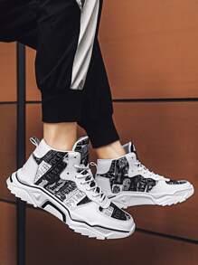Men Number Graphic Lace-up Front High Top Sneakers - Black and White - View 2