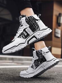 Men Number Graphic Lace-up Front High Top Sneakers - Black and White - View 4