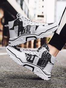 Men Number Graphic Lace-up Front High Top Sneakers - Black and White - View 5