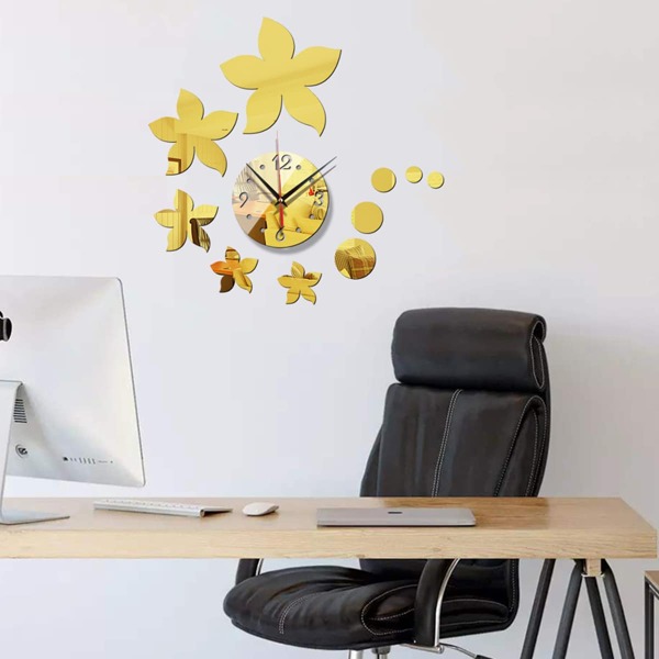 

1set Flower Mirror Surface Wall Clock, Gold
