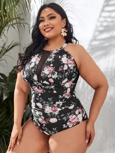 Long Sleeve Full Cover Swimming Dress Tummy Control Plus Size Ladies  Bathing Suits With Skirts Our Plus Floral Mesh Insert One Piece