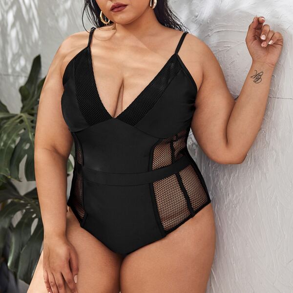 

Plus Fishnet Insert One Piece Swimsuit, Black