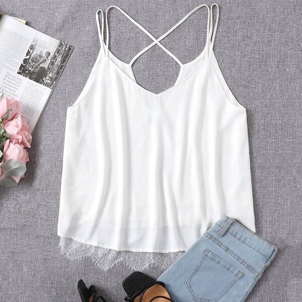 

Plus Contrast Lace Solid Cami Top, White