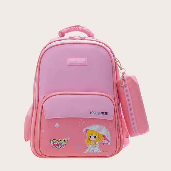 

Girls Cartoon Graphic Backpack With Pencil Case, Pink