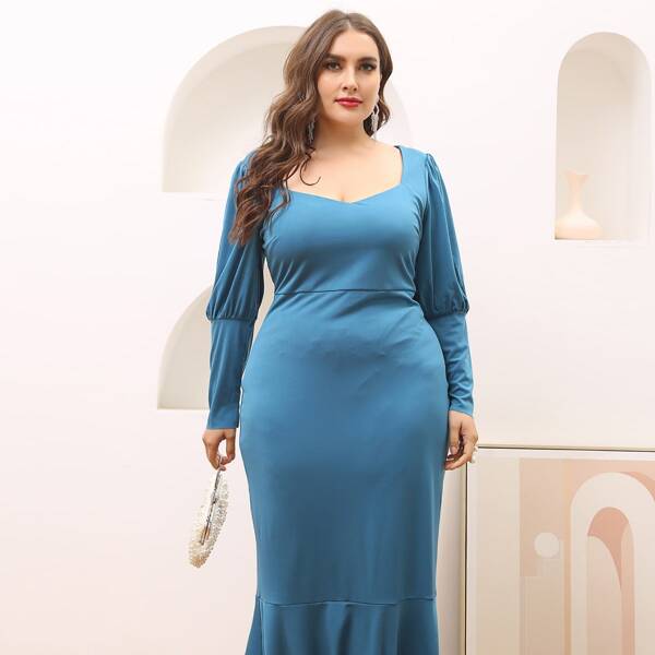 

Plus Leg-of-mutton Sleeve Mermaid Hem Dress, Blue