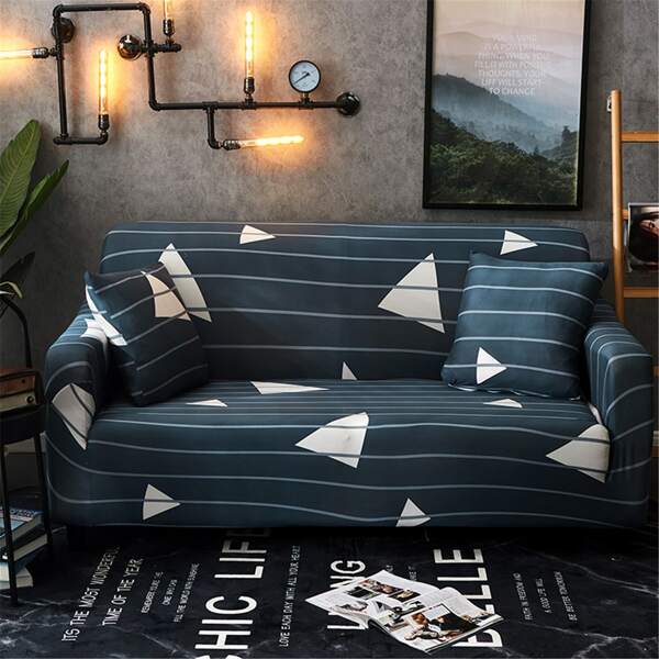 

Geometric Pattern Stretchy Sofa Cover & 1pc Cushion Cover, Navy blue